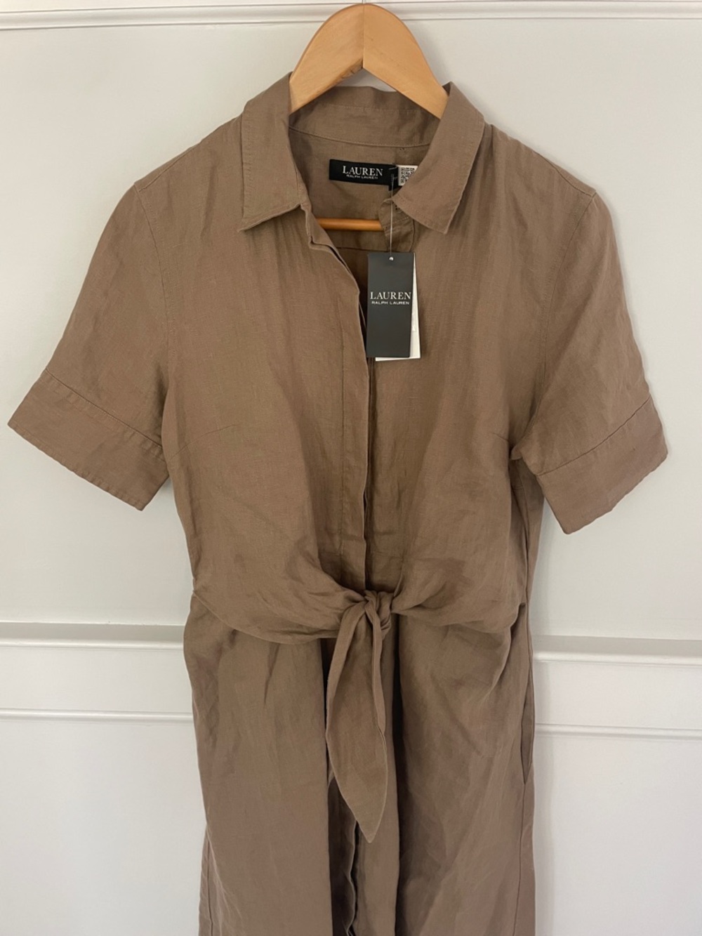 Ralph Lauren Linen Tie-Front Brown/Tan Shirt Dress - Picture 6 of 10